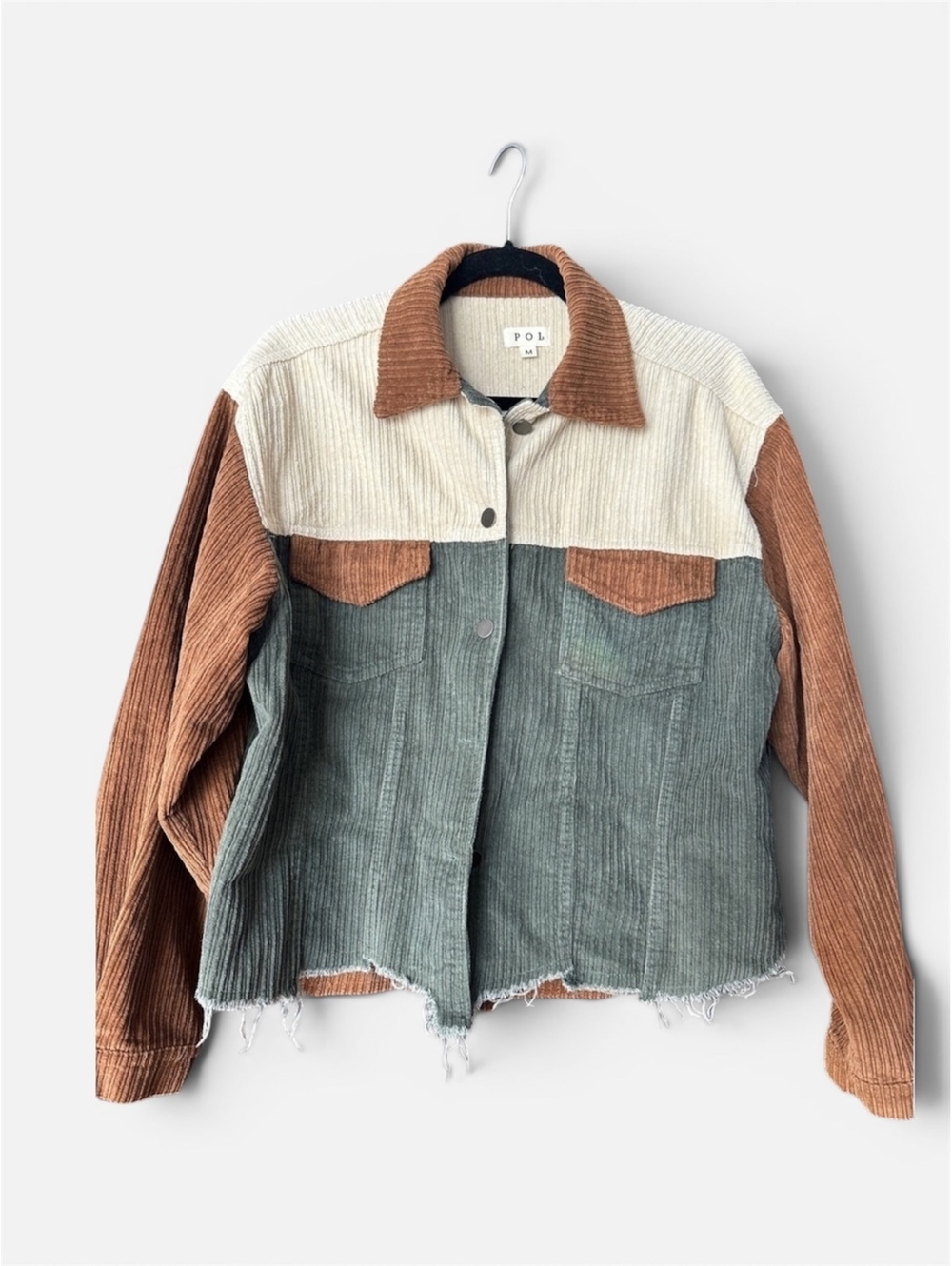 POL Colorblock Corduroy Jacket in Brown, Cream, and Green, Size M